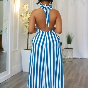 Blue and White Striped Halter Dress
